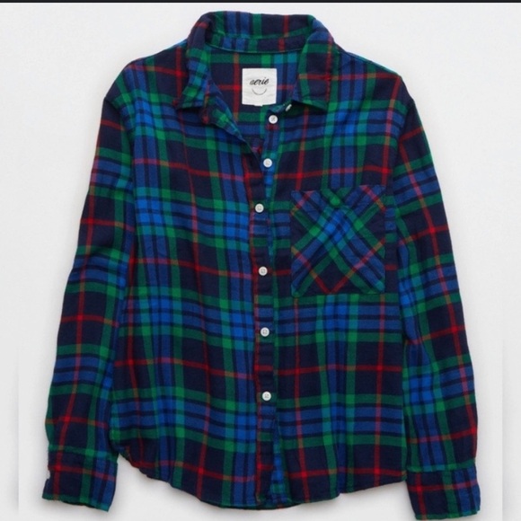 Aerie Plaid Navy Button Down Flannel Shirt Size Small NEW New with tags - Picture 1 of 3